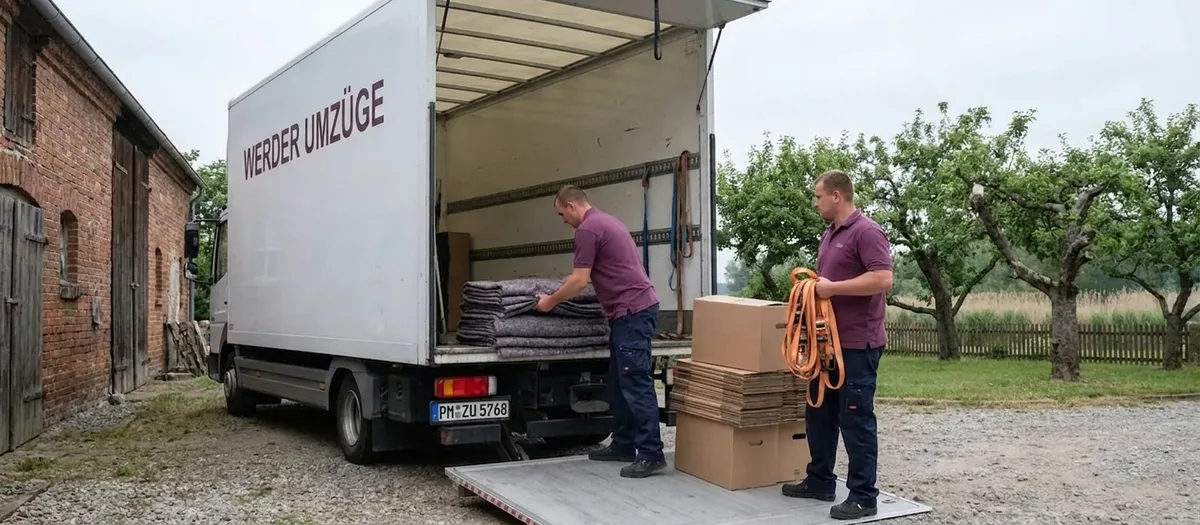 Zwei Umzugskräfte laden am offenen Umzugswagen Möbeldecken, Spanngurte und flache Kartons ein