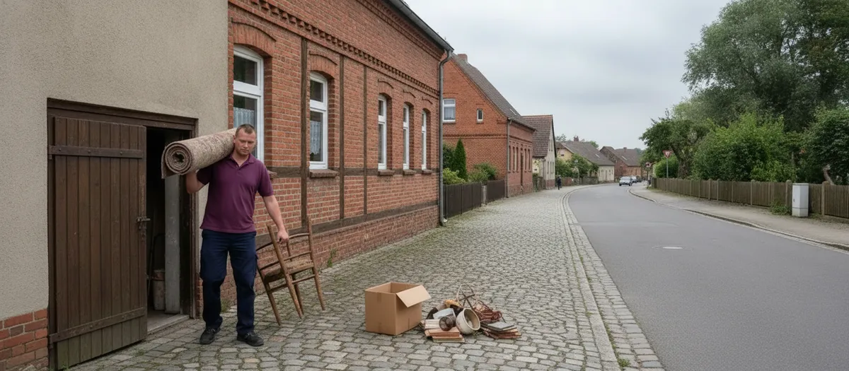 Eine Umzugskraft trägt einen alten Teppich und einen zerbrochenen Stuhl aus einer Kellertür auf die Straße