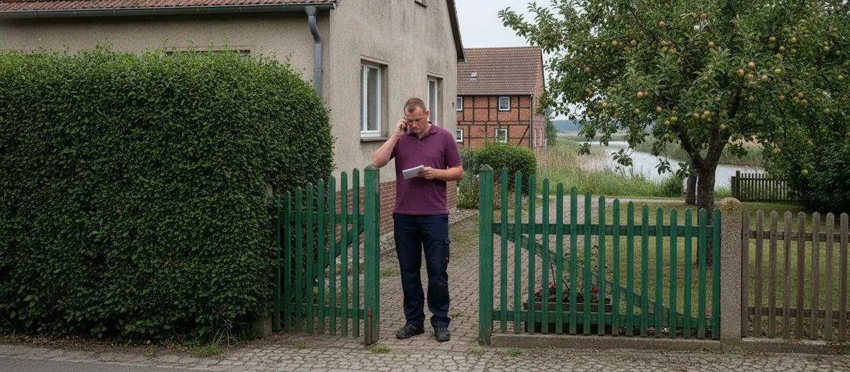 Umzugskraft steht am Gartentor eines Hauses in Werder und nimmt am Telefon eine Adresse auf