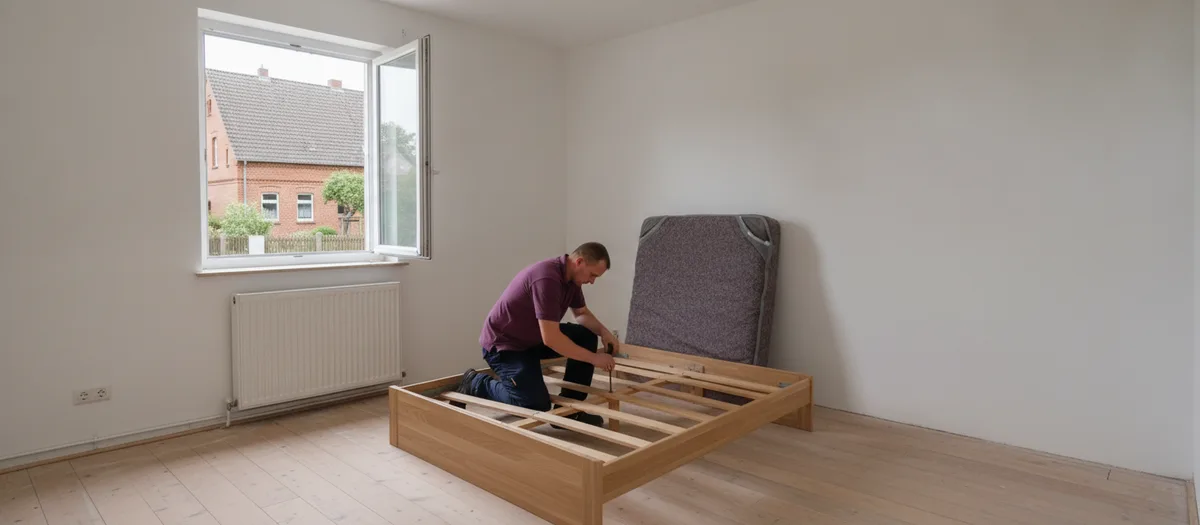 Umzugskraft baut in einem leeren Zimmer ein Bettgestell wieder zusammen, die Matratze lehnt an der Wand