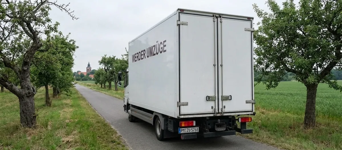Umzugswagen von Werder Umzüge auf einer Landstraße zwischen Obstbäumen, im Hintergrund ein Dorf mit Kirchturm
