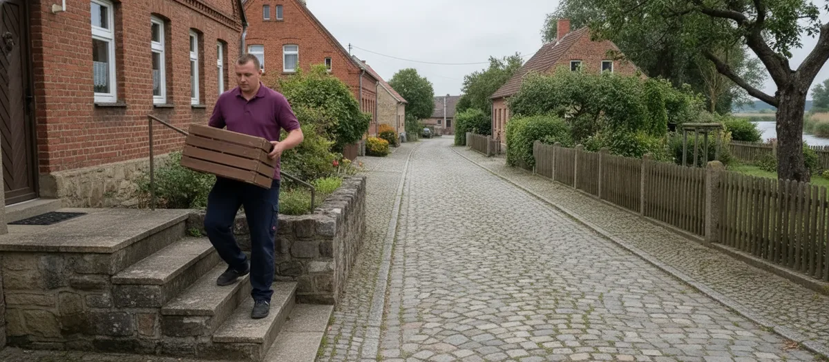 Umzugshelfer trägt eine Holzkiste über Stufen hinunter auf eine gepflasterte Dorfstraße