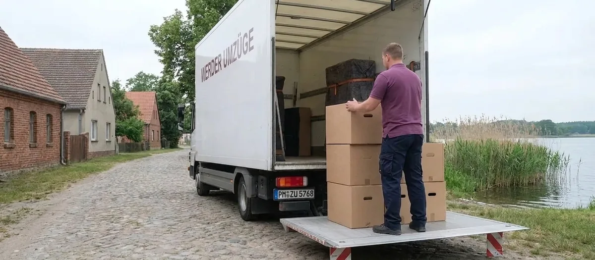 Umzugswagen mit heruntergelassener Ladebordwand am Ufer, eine Umzugskraft stapelt Kartons darauf