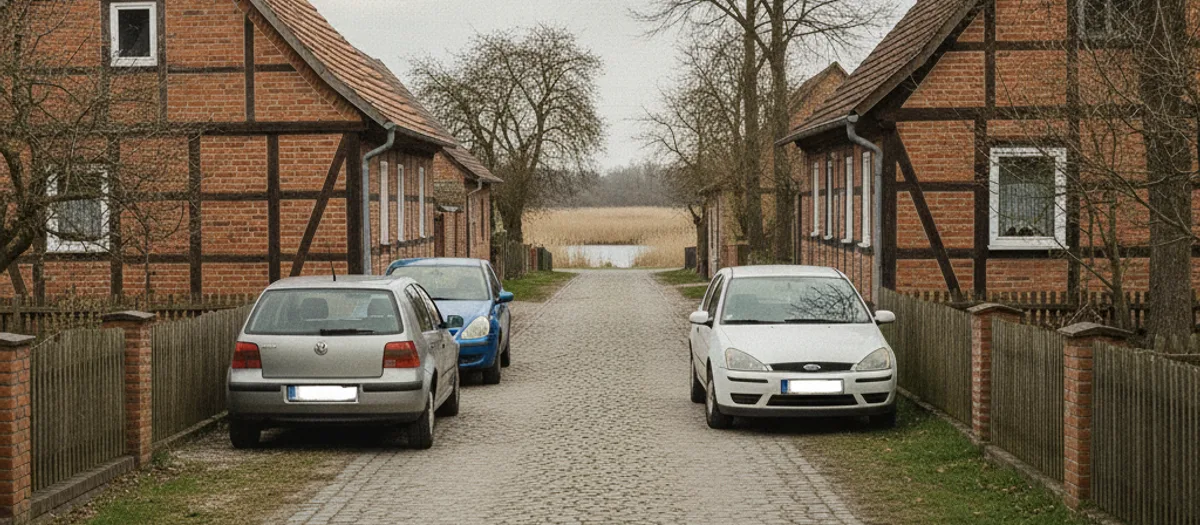 Schmale Dorfstraße zwischen Fachwerkhäusern, an einer Seite parken Autos und lassen kaum Durchfahrt